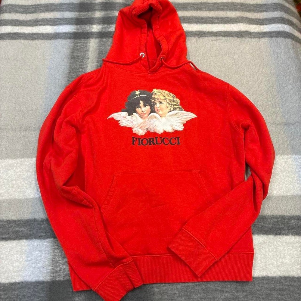 Red Fiorucci hoodie with graphic of two angels with wings